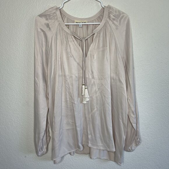 Johnny Was CALME Ivory Peasent Fringe Long Sleeve Blouse Double Tassel Medium - Picture 2 of 7